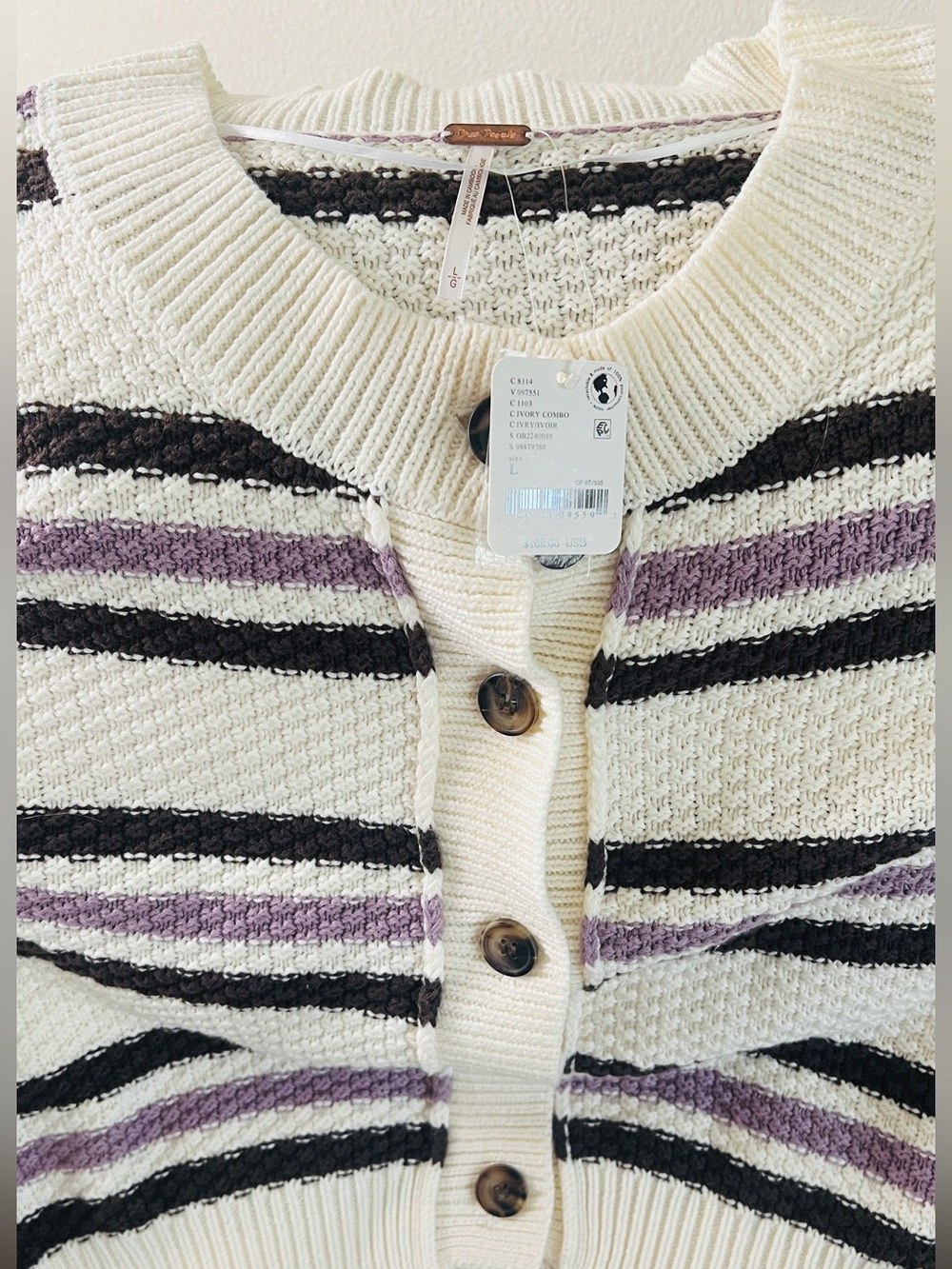 NWT Free People Lila Striped Cardigan in Ivory Combo Size Large - Picture 3 of 12